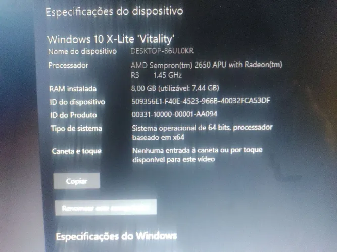 CPU processador da AMD 2 núcleos com 8;gigas de memória ram HD de 80 gigas windows 10