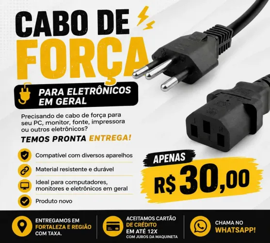 CABO DE FORÇA PARA ELETRÔNICOS EM GERAL POR APENAS R$30