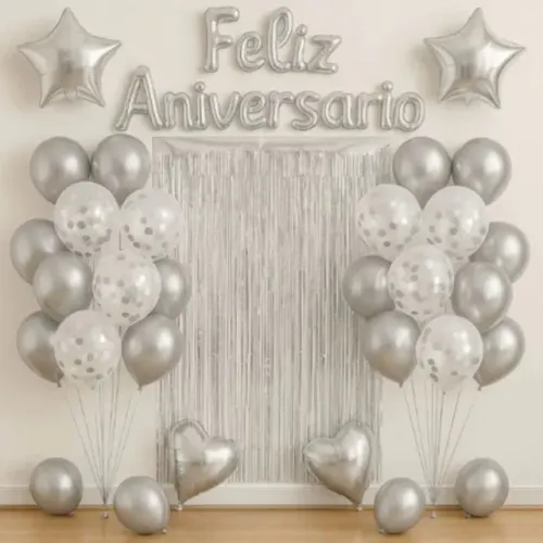 Kit com 26 peças decoração de Festa Completa - Balões Metalizados, Cortina e Feliz Anivers
