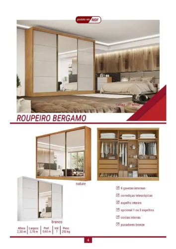Roupeiro Guarda Roupa Bergamo 3 Espelhos 100% MDF