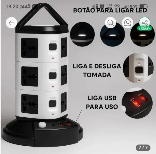 Torre de tomadas 12 tomadas sendo 4 Usb