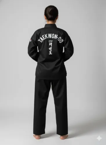 Dobok Taekwon-Do ITF Preto Oficial Luxo Kimono Completo Bordado Alta Resistência Tam 1,75