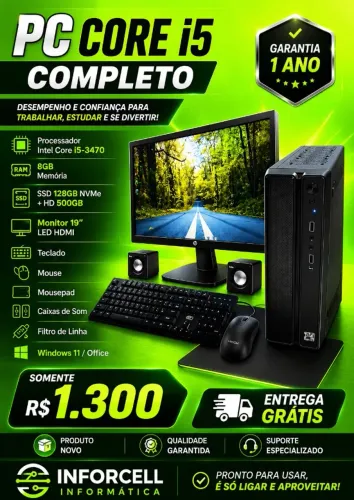 Pc Slim Core i5-3470 8gb Ram Ssd 128gb Hd 500 completo com Tela 19