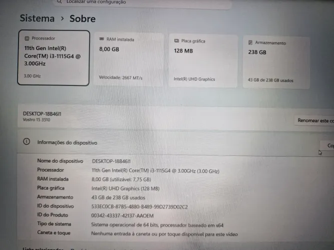 Notebook Dell Vostro 15 3510 - Intel Core i3 11ª Geração / 8GB RAM / SSD 256GB