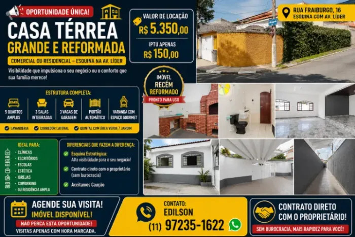 ALUGO DIRETO COM PROPRIETARIO CIDADE LÍDER, 5 QUARTOS PARA COMÉRCIO OU RESIDÊNCIA 310m²