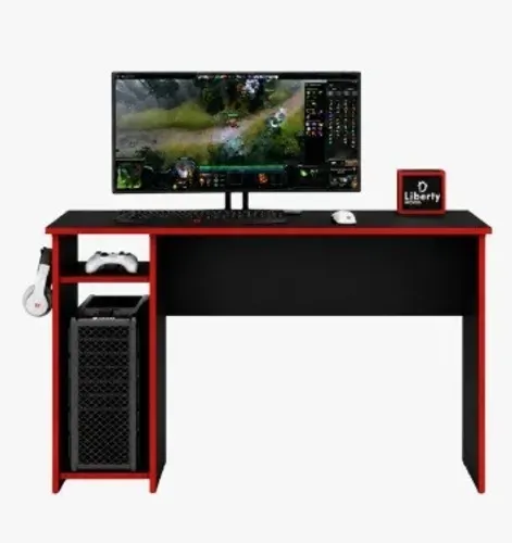 Mesa Escrivaninha Gamer Office 114cm Com Suporte Para Fone Preto Vermelho Liberty Móveis