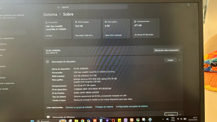 Notebook nitro V15 DDR5 RXT 3050 16gb ram