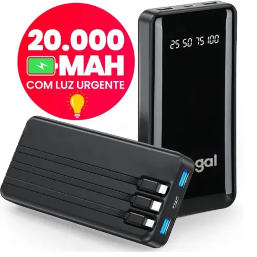 Power Bank 20000mah Com Lanterna Portátil Preta + Legal