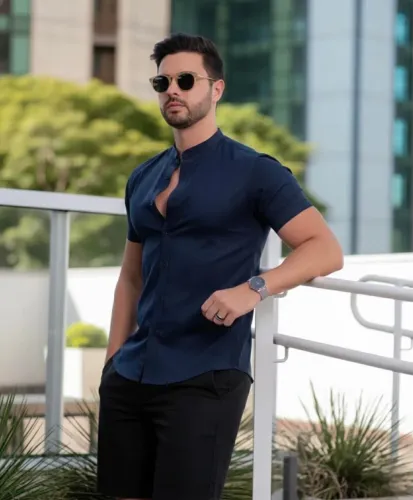 Camisa de botão gola padre linho 
