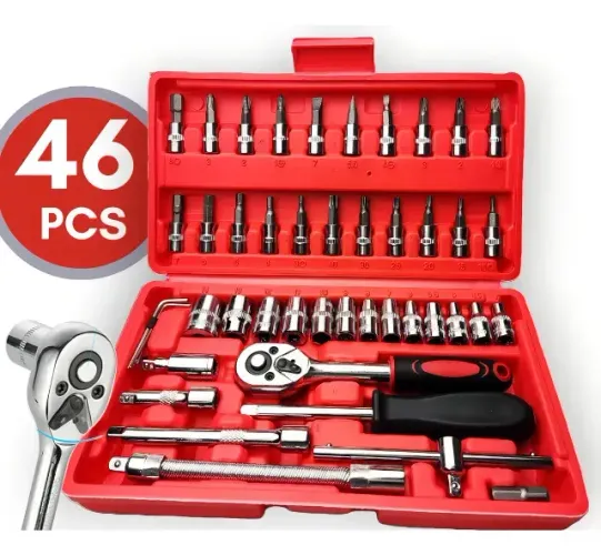 Kit Jogo Soquete 46 Pcs Aco Crv 1/4 Catraca Chave Com Maleta