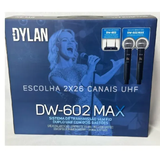 Dylan DW-602 MAX com Dois Microfones Sem Fio UHF de bastão e um receptor.