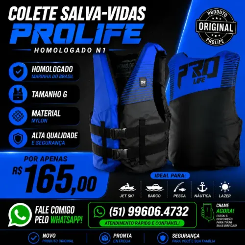 Colete Salva-vidas Prolife N1 Nylon Homologado - Azul Royal - Tam. G
