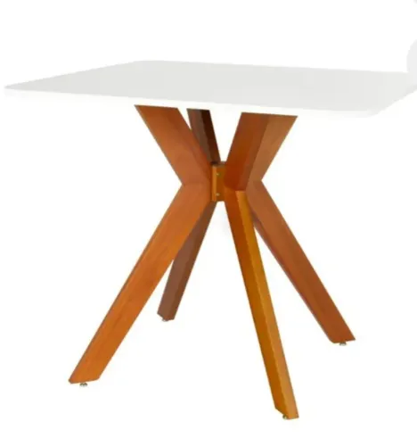 Mesa quadrada 90x90cm branca (off-white) com tampo de vidro e pés em madeira maciça