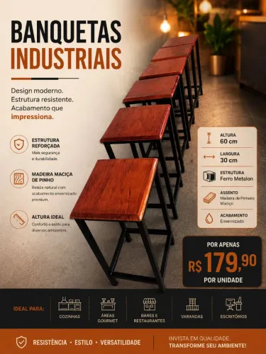 Banqueta Alta industrial em metalon madeira de pino envernizada