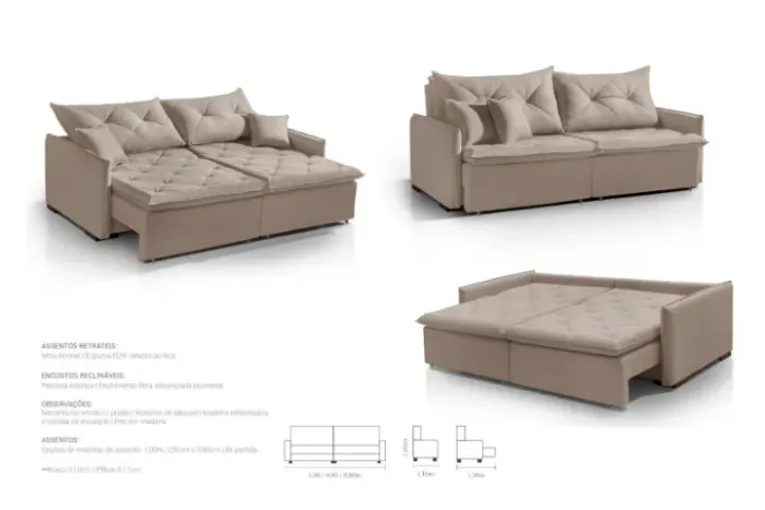 Sofa retratil em linho sem caixa - vira cama - braços fino - Pronta Entrega 