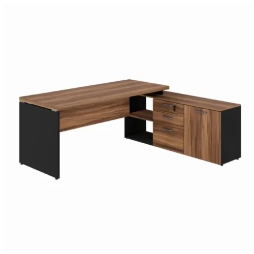 Mesa Diretor com Aparador 1,90×1,50m Nogal Sevilha Pé Madeira Preto Modelo 21426