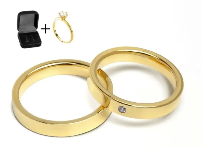 Par de alianças 12 milésimos de ouro 18k brinde anel solitário 