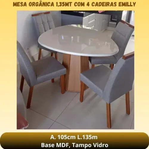 Mesa Orgânica 1,35x1,05cm com 4 Cadeiras Emilly