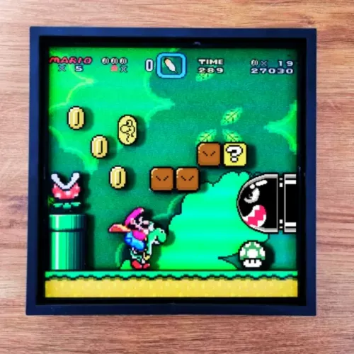 Quadro 3D Super Mario Bros Decoração 21x21cm Diorama Gamer SNES Efeito Tridimensional Novo