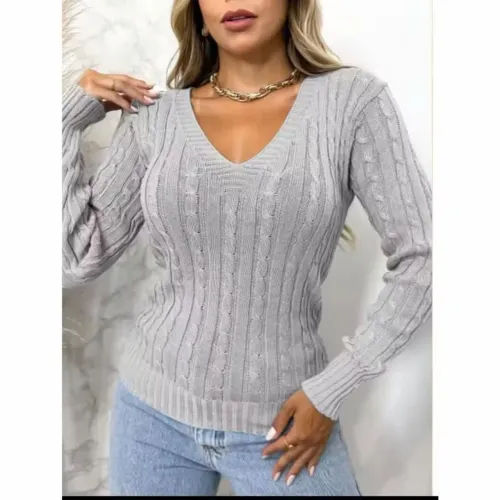 Blusa de tricô canelado com gola V