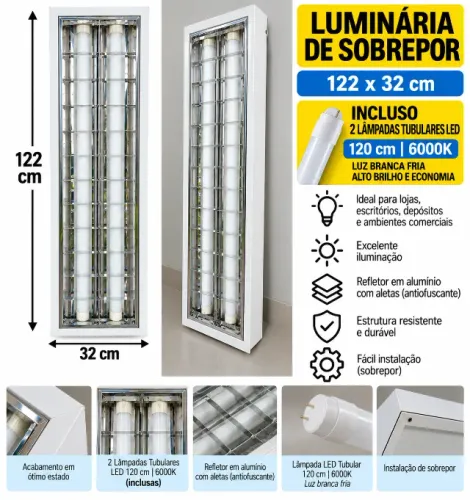 Luminária de Sobrepor 122x32cm + 2 Lâmpadas LED 120cm