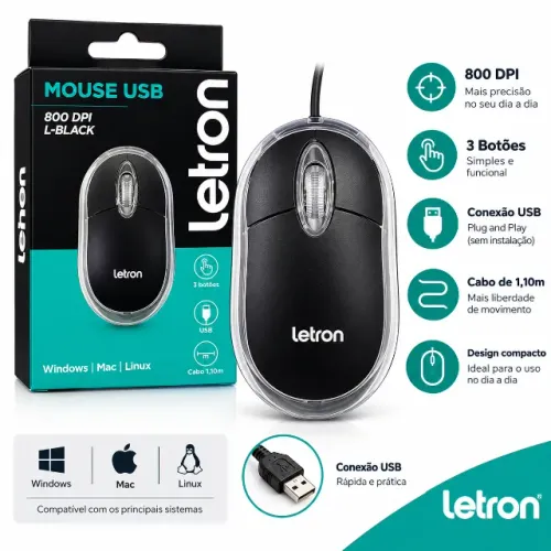 Mouse USB Letron L-Black 800 DPI 3 Botões Cabo 1,10m PC Notebook