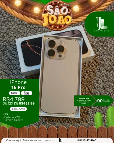 IPHONE 16 PRO, 5G, CHIP ESIM, 128GB, DESERT, SEMINOVO,  EXCLUSIVO!