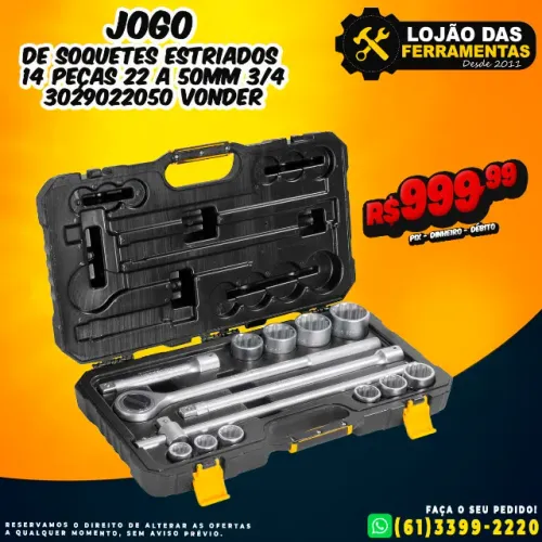 Jogo de Soquetes Estriados 14 Peças 22 a 50mm 3/4 3029022050 Vonder