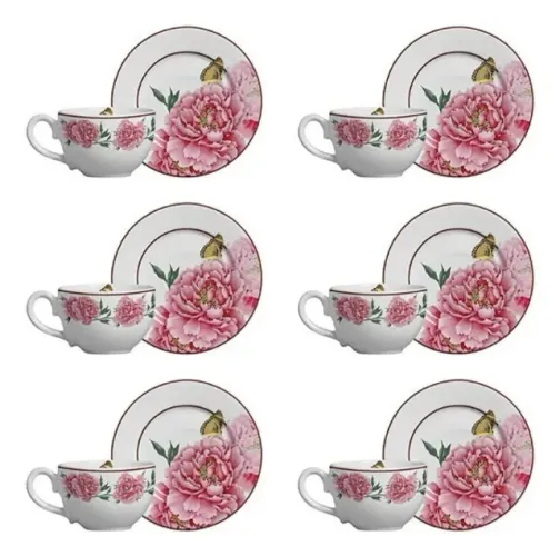 Conjunto Com 6 Xícaras De Chá Bouquet de Flores Branco e Rosa Cerâmica Scalla
