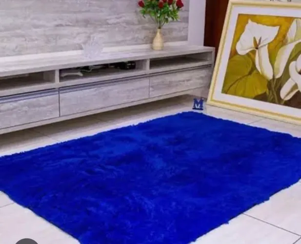 Tapete shaggy peludo azul bic com antiderrapante