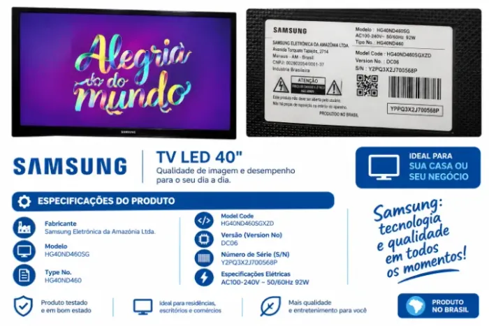 TV LED Samsung 40" - 2 UNIDADES DISPONÍVEIS - Modelo HG40ND460SG