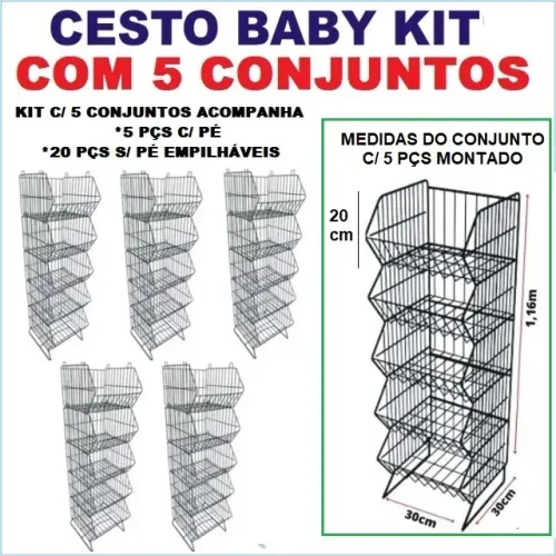 Cestos Aramados Baby c/ 5 Cestos Empilháveis Kit com 5 Conjuntos Branco ou Preto Promoção