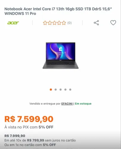 Notebook Acer core i7 13th 16gb ddr5 - 1tb Ssd 15.6? Windows 11 pro