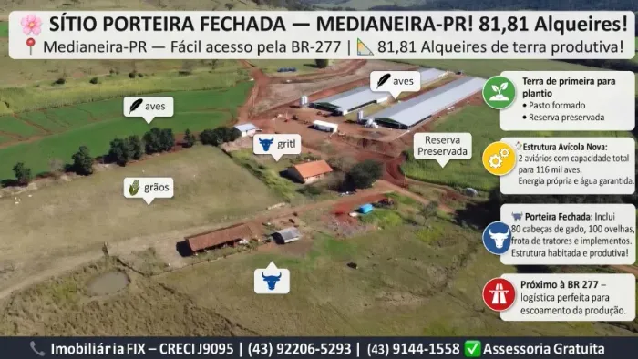 ? 81,81 ALQUEIRES ? Medianeira-PR! Dupla Aptidão! Agricultura + Pecuária! Estrutura Comple
