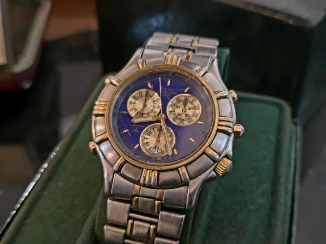 relógio bulova raro calibre japonês chronograph alarm azul two-tone ouro plaquê aço inox