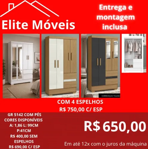 650,00 Com a montagem e a entrega guarda roupa novo na caixa com garantia de fabrica.