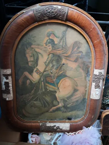 Par de Quadros Religiosos Antigos (São Jorge e N. Sra. Fátima) - Para Restauro / Decoração