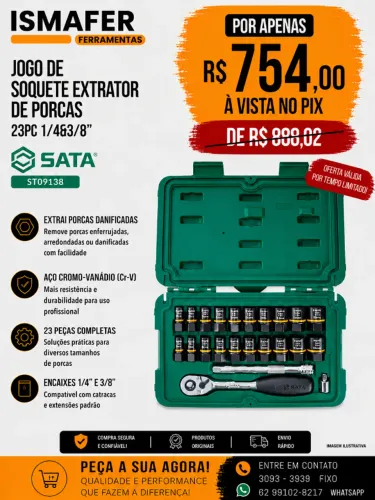 JOGO DE SOQUETE EXTRATOR DE PORCAS 23PC 1/4&3/8" SATA - ST09138