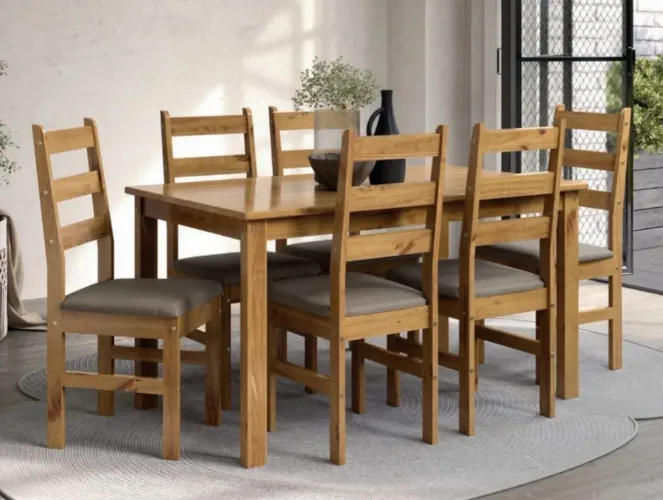 Conjunto Bella Mesa com 6 Cadeiras Estofadas - Elegância e Conforto 100% Madeira Maciça