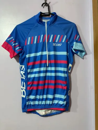 Camisa Ciclismo Feminina Be Fast Listrada Azul e Rosa - Tamanho  P