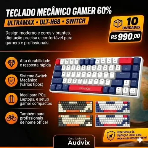 10 Unidades Teclado Mecânico Gamer 60% Ultramax Ult-h68 Switch Distribuidora Audvix