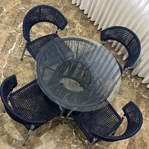 CONJUNTO MESA DE CORDA NÁUTICA COM TAMPO DE VIDRO + 4 CADEIRAS