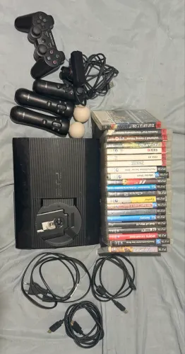 PS3 super slim completo + 21 jogos + kit move original + caixa