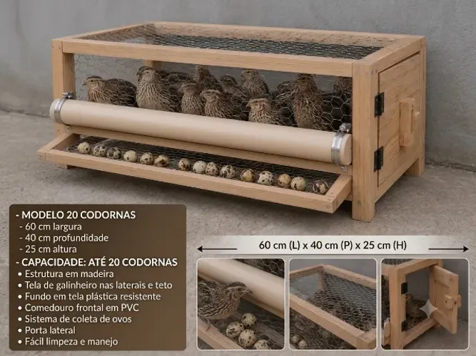 Viveiro para 20 Codornas com rolagem de Ovos 