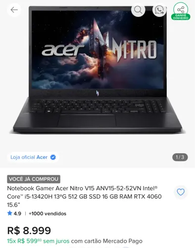 Notebook Acer Nitro 4060 16GB