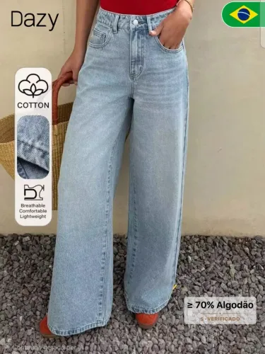 DAZY Calça Reta Casual Feminina com Bolso Diagonal, Cintura Regular e Solta, TAM P
