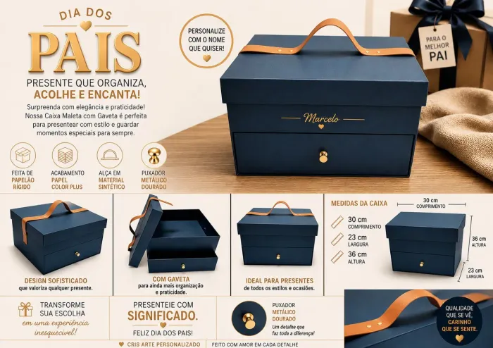Caixa Maleta com Gaveta em Papelão Rígido | Presente Dia dos Pais | Personalizada