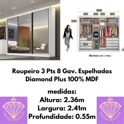 Roupeiro 3 Pts 8 Gav. Espelhadas Diamond Plus (RF)