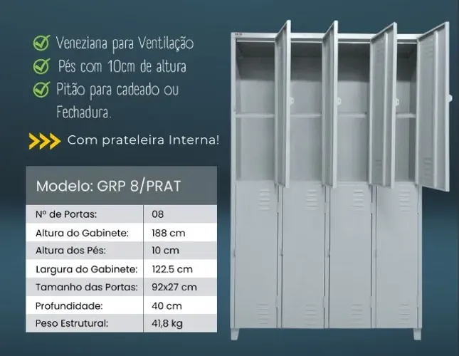 Armário de Aço 08 Portas Grandes - Roupeiro de Aço com Divisão - GRP8/PRAT