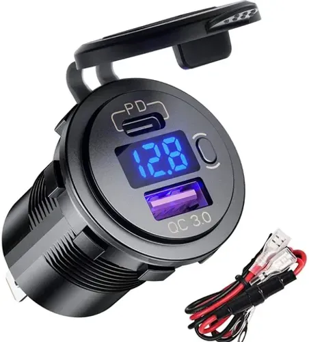 Carregador/Tomada Veicular 48w c/ Voltímetro Led USB/Tipo C PD 3.0 QC 12v/24v